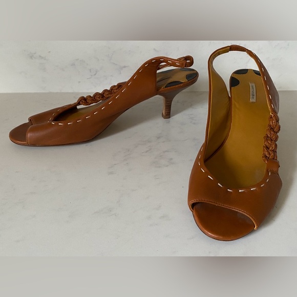 Max Studio Kylie 2 Cognac Leather Braided Slingback Open Peep Toe Heels Shoes 8 - Picture 4 of 9